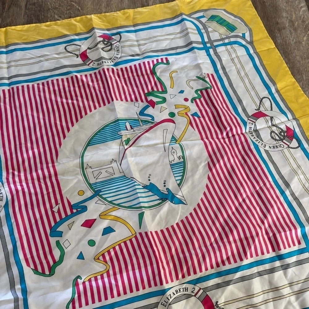 Vintage Country Club Nautical Queen Elizabeth Ship Yellow Pure Silk Scarf